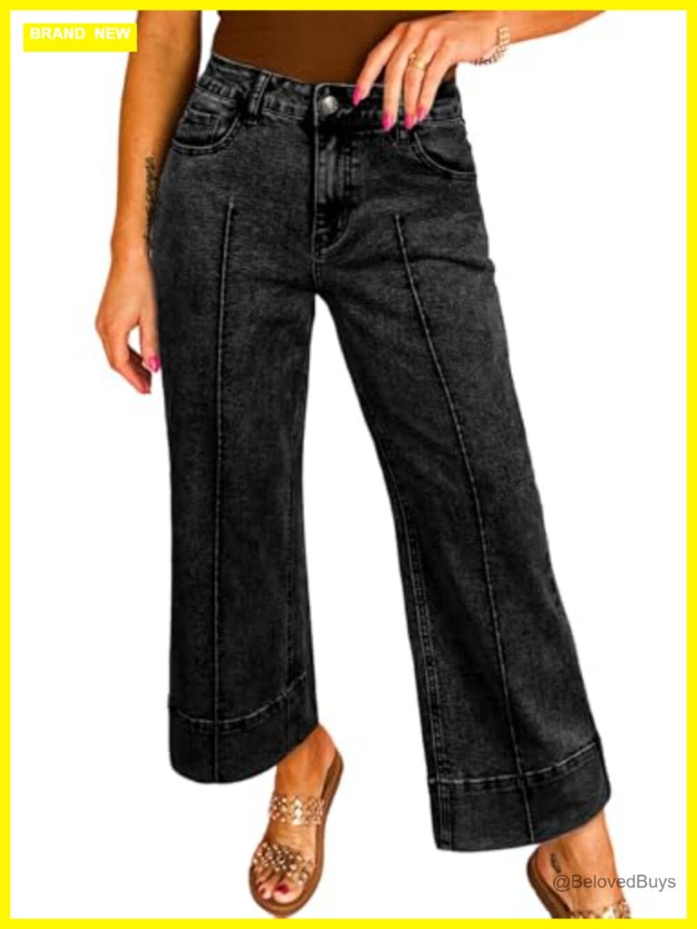 Stretchy Wide Leg High Waisted Cropped Jeans with Vertical Seams